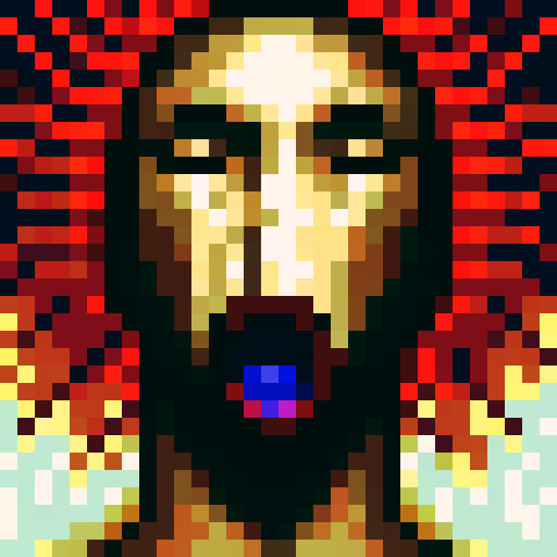 delirious expression, pixelated face, vibrant colors, intense gaze, detailed features, exaggerated emotions, skill symbol, 32x32 pixels, small canvas, sRGB color space, close-up shot, portrait orientation, game icon vibe
