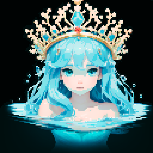 Create a close-up image of a mermaid with a crown, partially submerged underwater. Half of her face is above the water's surface, revealing her beautiful features. The underwater portion of her face should show her aquatic beauty, with the serene, mysterious ambiance of the ocean surrounding her. The crown should have an ethereal, shimmering quality, adding to her majestic presence.