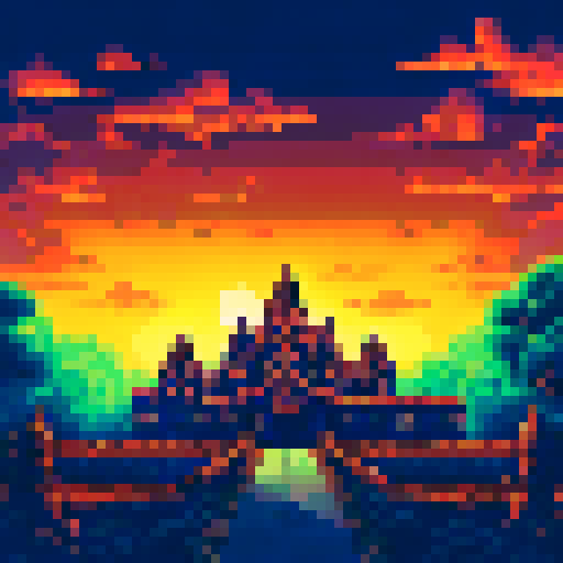 An enormous gated fortress that looks like a golden Angkor Wat, among a field of fluffy white clouds, with a bright orange sunset behind