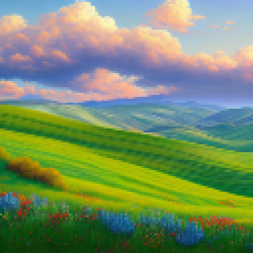 Rolling hills, dotted with wildflowers, stretch out under a bright blue sky on a perfect summer day, as the iconic Windows XP bliss wallpaper comes to life in a stunning landscape painting.