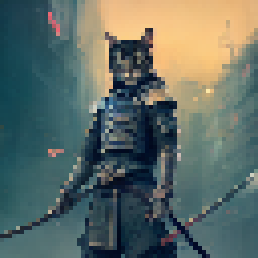 Fierce samurai cat-ninja perched atop a towering Japanese skyscraper, wielding a katana with neon lights and a backdrop of bustling city lights, rendered in a dynamic anime style.