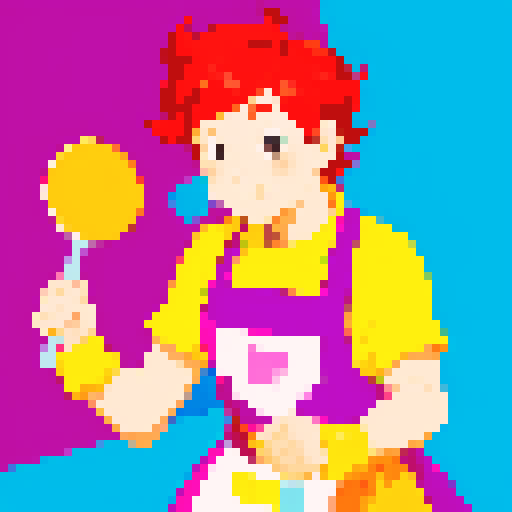 Cute, vibrant, playful chef, apron, appears to be juggling utensils but no utensils are in shot, pixel art, colorful, character facing forward, character looking up concentrating on juggling, no background, sRGB