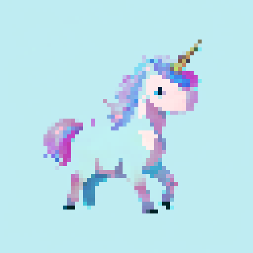 unicorn with rainbow hair in clouds, full body, vibrant colors, flowing mane and tail, soft pastel palette, fluffy white clouds