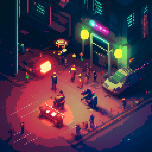 Street merchant assassin, neon-lit night market, slicked-back hair, pixelated sniper rifle, fluorescent tattoos, sRGB glow, bustling crowds.