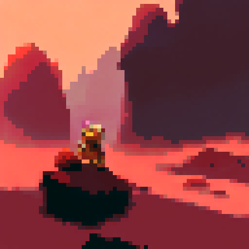 "Yogi Bear contemplates the vast, crimson terrain of Mars, surrounded by towering, rocky formations and a hazy, pink sky in a striking landscape portrait."