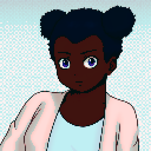 Teenage black girl with navy blue hair and purple eyes