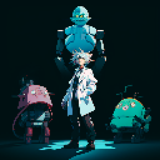 full-body image mad scientist facing left, standing on robot