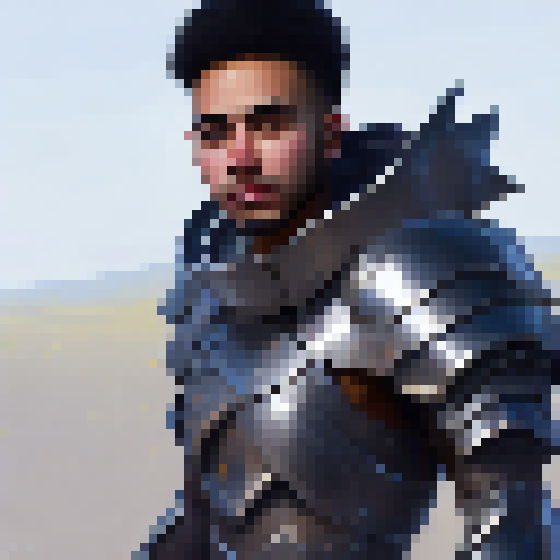 Full body portrait of mixed race man, wearing gleaming armor in a grassy field, realistic art style