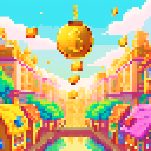 Imagine a vibrant, pixelated world known as Money Land, where the air is thick with the excitement of flying gold coins. This digital realm is filled with towering skyscrapers made of gleaming gold and silver, reflecting the bright, sunlit sky. Streets are lined with bustling marketplaces, where pixelated residents trade and barter using shimmering gold coins that seem to have a life of their own. In the sky above, gold coins of various sizes fly freely, leaving trails of glittering light in the