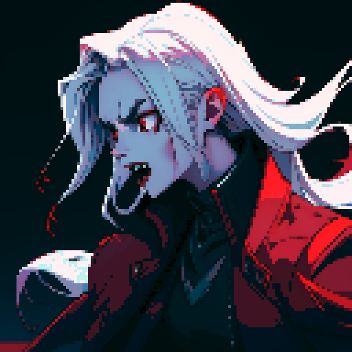 vampire with sharp fangs, pale skin, red eyes, biting neck, blood dripping, dramatic shadows, limited color palette, pixelated details