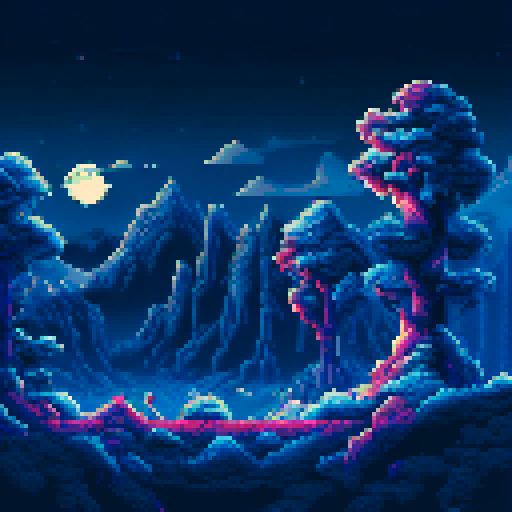Three, towering snow-covered peaks, illuminated by a full moon, loom over a serene, pine tree-filled valley in a pixel art style reminiscent of classic RPG landscapes