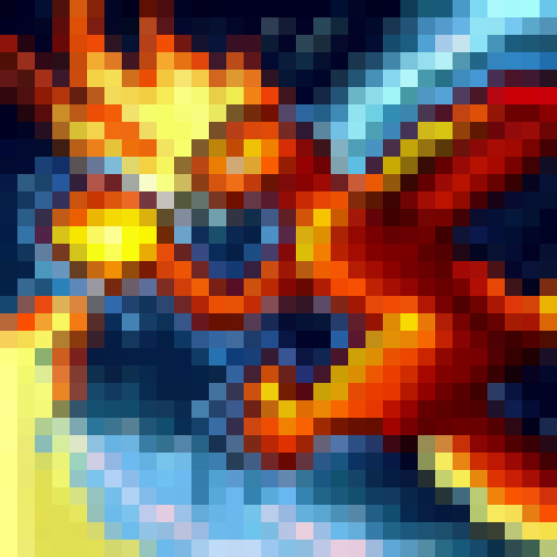 A fiery, winged dragon clashes with a stormy, lightning-filled sky over a mountainous landscape in pixel art reminiscent of classic video games.