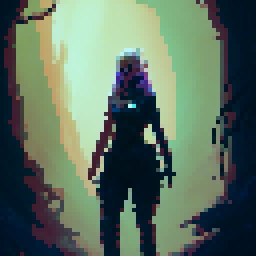 female zombie, flowing dress, standing, forest, dusk, pixel art, sRGB