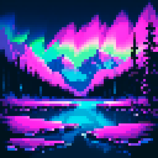 dramatic  northern lights reflected in a frozen river between high mountains over icy tundra and pines neon blue and pink with dark colors too