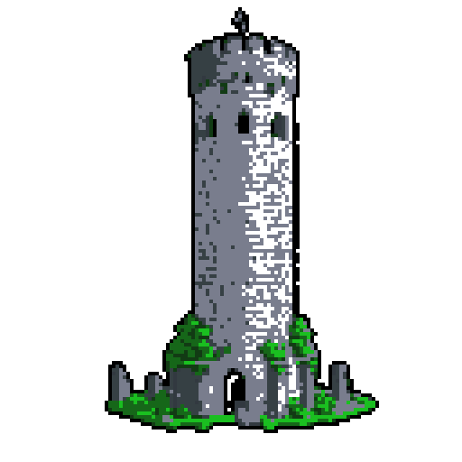 2d grey stone tower in an ancient english style. Old and crumbling but still upright. Green vines crisscross it. Usable as an asset (clear, thick lines and a white background). Put a black stroke around the composition