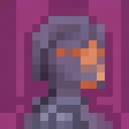 Cute grim reaper with a scythe and a mischievous smile, standing in front of a full moon backdrop, rendered in 8-bit pixel art style with high details, perfect for an NFT game icon or avatar on OpenSea, close-up portrait at 16x16 pixels