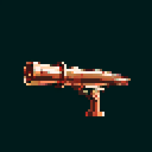 I want a copper minigun. I want this object usable an asset in a videogame, meaning only one object per image, outlined with a strong black stroke, on a solid-color background.