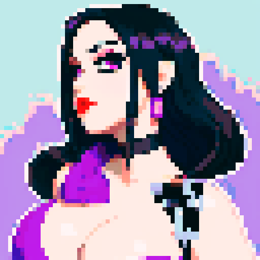 curvy, cute goth girl with black hair, purple eyeshadow, and red lipstick, in a pixel art glamour shot, with vibrant sRGB colors