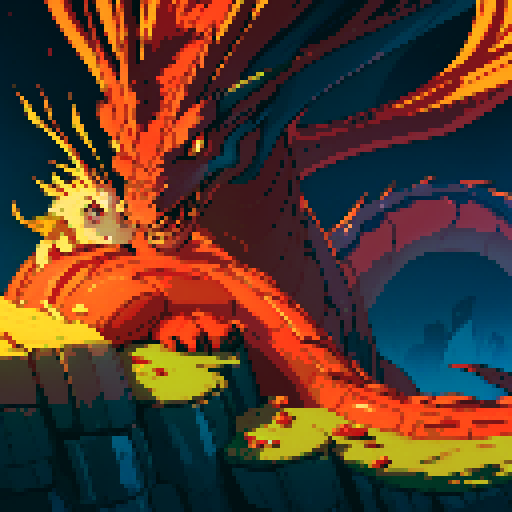 fire dragon with shimmering red scales, hoard of gold coins glimmering in the background, dragon leisurely lounging on top of a massive pile of gold coins, dragon's majestic form taking up the full canvas with intricate pixel art details in a vibrant sRGB color palette