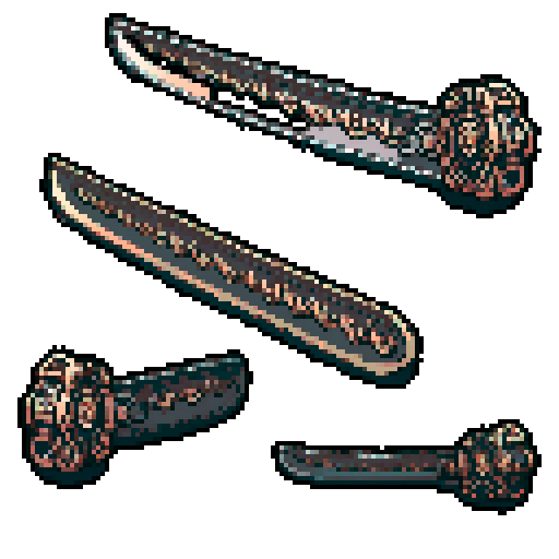 I want the blade of an ancient magical chainsaw constructed out of copper and gems. It should look huge (10 meters long at least), very complex and expensive, and very old. I also want this object usable an asset in a videogame, meaning only one object per image, outlined with a strong black stroke, on a solid-color background.