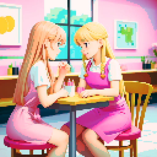 A girl with long blonde hair wearing a pink apron, a friend with short brown hair, sitting facing each other, table, nail salon.