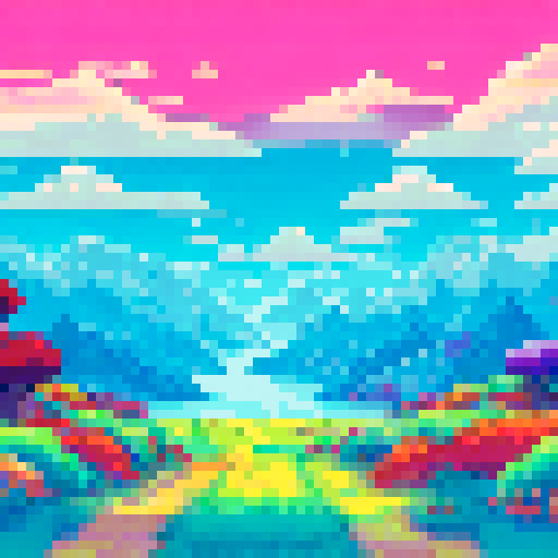 mountain peaks, fluffy clouds, shining sun, rolling hills, vibrant flowers, tranquil lake, towering trees, winding path, distant horizon, peaceful meadow