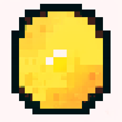 Imagine a digital, pixelated coin, shimmering with a bright golden hue. This coin has a classic round shape, resembling a traditional coin, but its surface is made up of tiny, square pixels, giving it a distinctly digital and retro video game look. The pixels catch light at various angles, making the coin glint and sparkle. On its surface, there is a simple, pixelated design – perhaps a symbol or a character – that is iconic and easy to recognize, yet rendered in a minimalist, blocky style typic