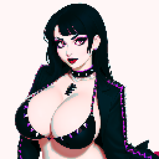curvy busty goth, cute goth woman, with black hair, purple eyeshadow, and red lipstick, wearing a bikini, studded collar. beauty photo, glamour shot, face portrait, sRGB color
