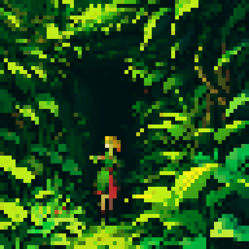 jungle with lush foliage, vibrant colors, hanging vines, dense shadows, pixelated details, sRGB color palette