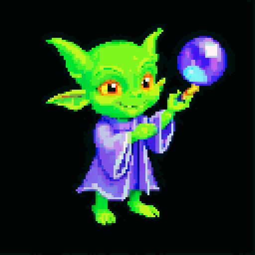 A prophetic goblin with a crystal ball, intricate robes, and a mystical aura. It has glowing eyes and a knowing smile, foretelling the future with its magical abilities. No background.
