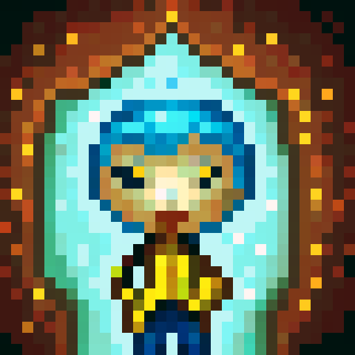 platformer character avatar, Aleya is a young adventurous girl with white hair, pale skin, tall boots and a blue tunic. She has a rock climbers build, and is shown idle against a greyish brown background.