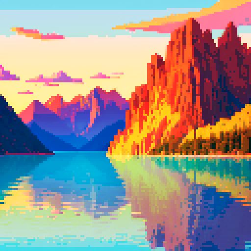 sunset sky in vibrant hues, towering mountains with jagged peaks, serene waters reflecting the golden glow, a pixel art boat sailing towards the horizon