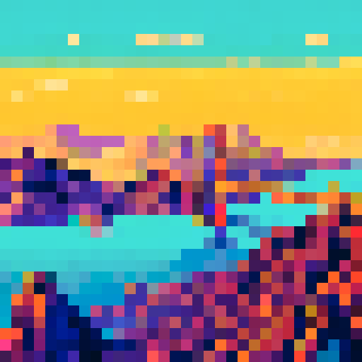 Golden Gate Bridge, Palace of Fine Arts, sRGB, pixel art, background, landscape, vibrant colors, detailed architecture, intricate patterns, geometric shapes, serene atmosphere, sunset hues, shimmering water, towering structures, symmetrical composition, retro aesthetic, nostalgic vibes, iconic landmarks