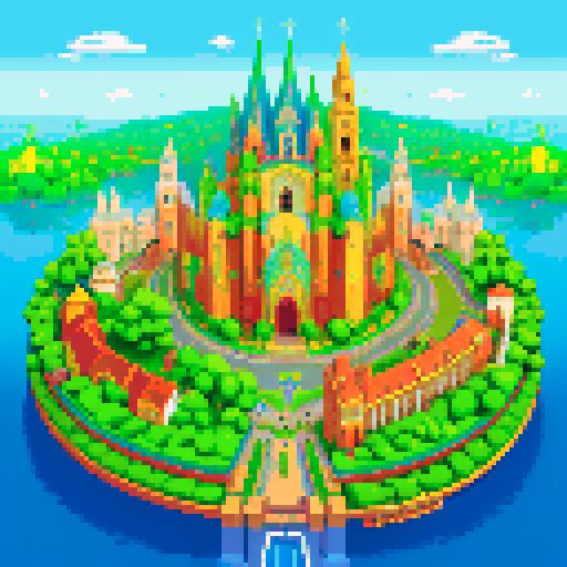 city, high tech castles, cathedrals with glowing stained glass windows, futuristic bridges spanning lush greenery, pixelated trees and flowers, small digital animals roaming, all in vibrant sRGB colors