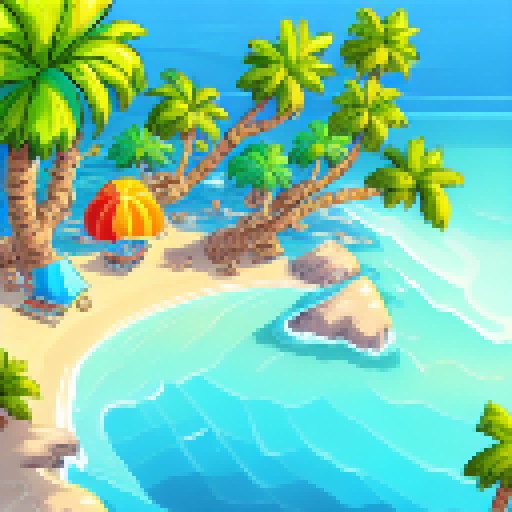 A beach with palm trees in the Caribean, looking out to the ocean, pixel art, in the style of Monkey Island 2 background art