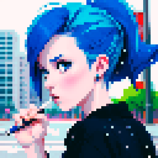 Blue haired 90s pop girl, smoking a cigarette, downtown, in the rain, gritty
