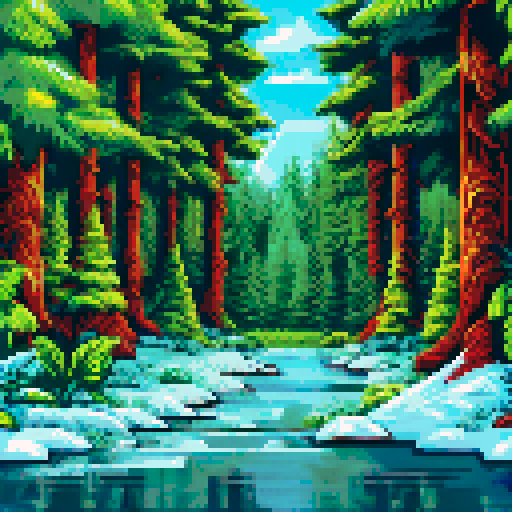 Winterly jungle with towering evergreen trees, snow-covered ground, a frozen river winding through, and a small cabin tucked amidst the icy landscape, all depicted in sRGB pixel art