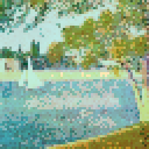 A serene riverside scene. A sailboat with a white sail floats gently on the river, while a lone individual rows a small boat in the foreground. On the left, a large tree with dense foliage stands tall, casting a shadow over the water. In the background, a line of trees and a building can be seen, suggesting a distant shoreline or town. The entire scene is bathed in a soft, pastel hue, giving it a dreamy and tranquil ambiance. Mimic Georges Seurat’s pointillist technique