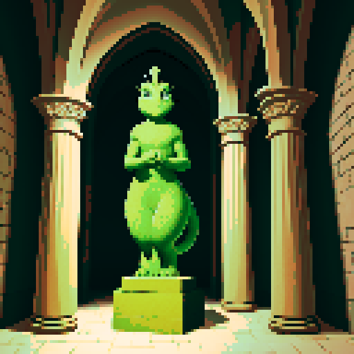 basilisk surrounded by stone statues in a castle hall