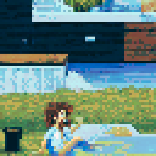 crazy cool guy with long brown hair sitting in a small pool, pixel art, sRGB, background, landscape
