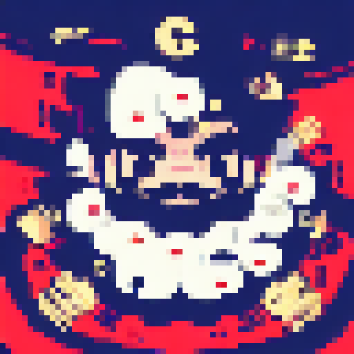 Blackbeard, pirate king, swaying on his ship's deck, engulfed by a sea of shining treasure and gold coins, immortalized in a dynamic, anime-influenced, pixel art character portrait.