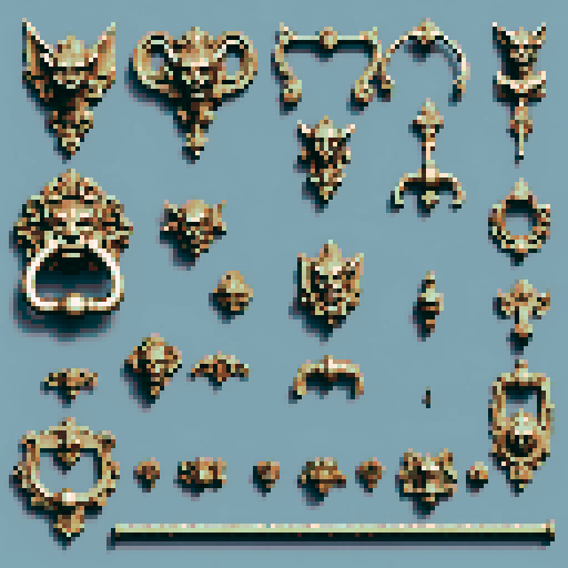 Mechanical pieces from old door knocker and gargoyles. It should be seen as if on a wall, with no perspective, on a solid-color background. There should one be two or three pieces in each frame, it shouldn't be complete.
