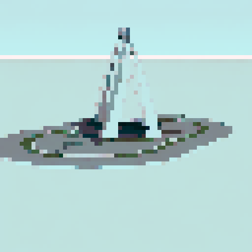 A towering, bronze statue of an oil drill surrounded by palm trees and desert sand, with a backdrop of a vibrant, anime-style sunset sky