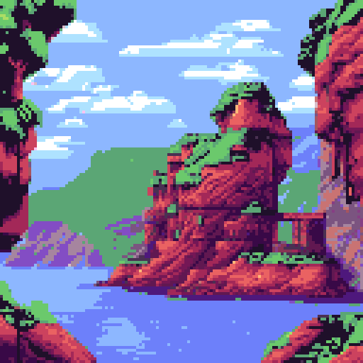 ocean, towering cliffside, person sitting on cliffside, pixelated background, vibrant sRGB colors, detailed pixel art landscape