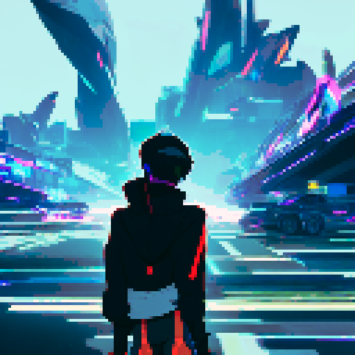 Portrait of futuristic Cyberpunk cloaked holographic hacker person with glowing accents and high tech clothes, set in a hangar for experimental jets, done in the style of syd mead