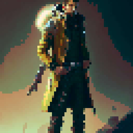 Steampunk hunter dressed with long coat with rifle on back and pistol on hand viewed from top down perspective