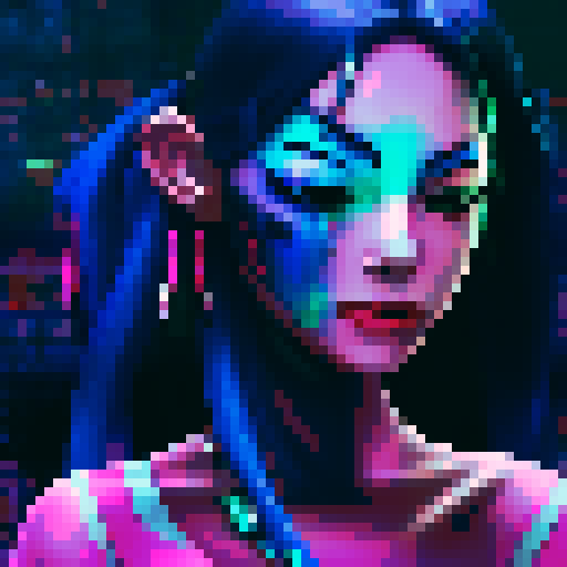 Jinx from league of legends, pixelated cyberpunk colors