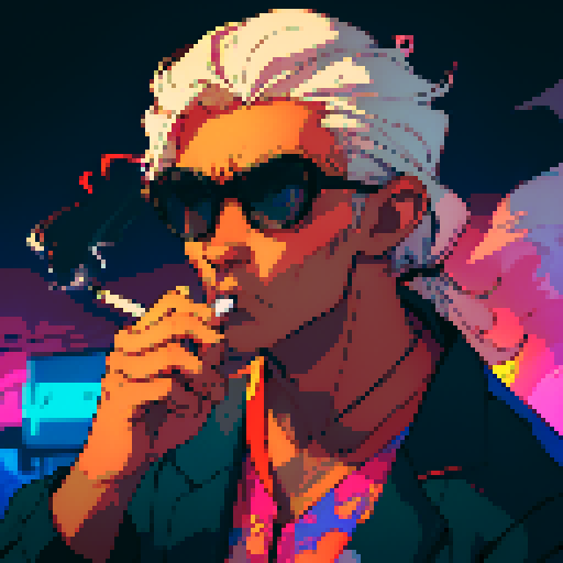 man smoking, retro 8-bit pixel art, vibrant colors, thick black outlines, detailed facial expression, swirling smoke, wisps of gray, glowing cigarette tip, puffs of smoke forming shapes, stylized background, neon lights