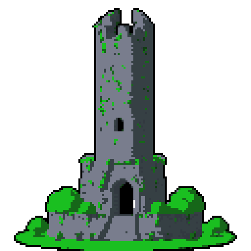 2d grey stone tower in an ancient english style. Old and crumbling but still upright. Green vines crisscross it. Usable as an asset (clear, thick lines and a white background). Put a black stroke around the composition