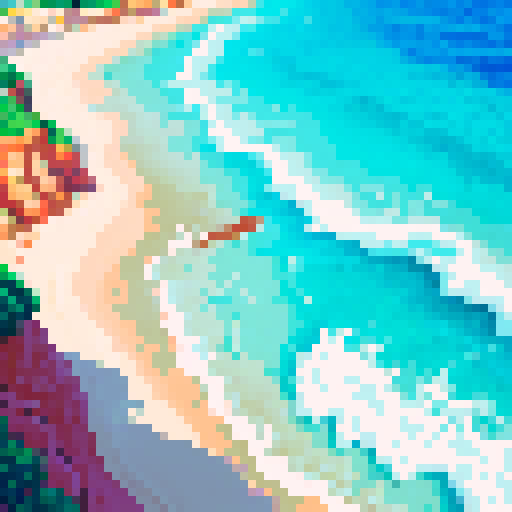 mediterranean waves, vibrant colors, intricate details, pixelated forms, fluid movement, contrasting hues, textured brushstrokes, sRGB palette